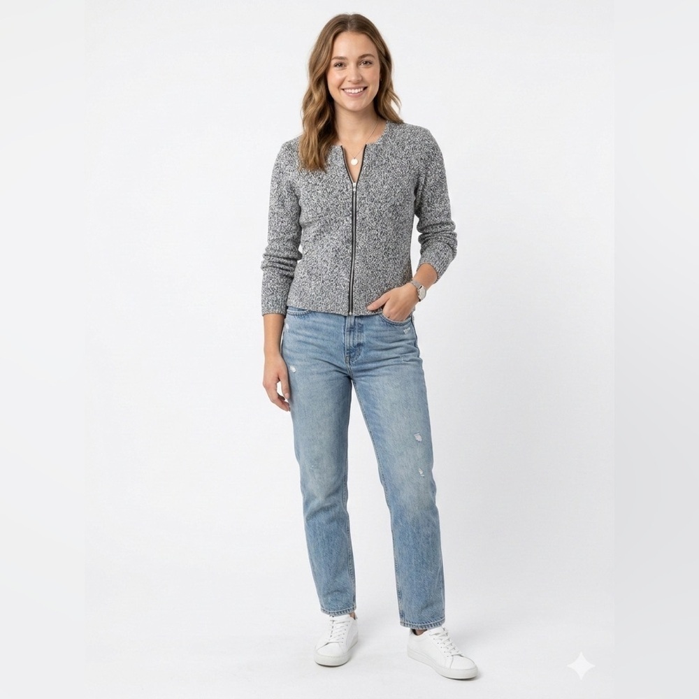 Calvin Klein Marled Zip Front Cardigan Medium Black White Long Sleeve